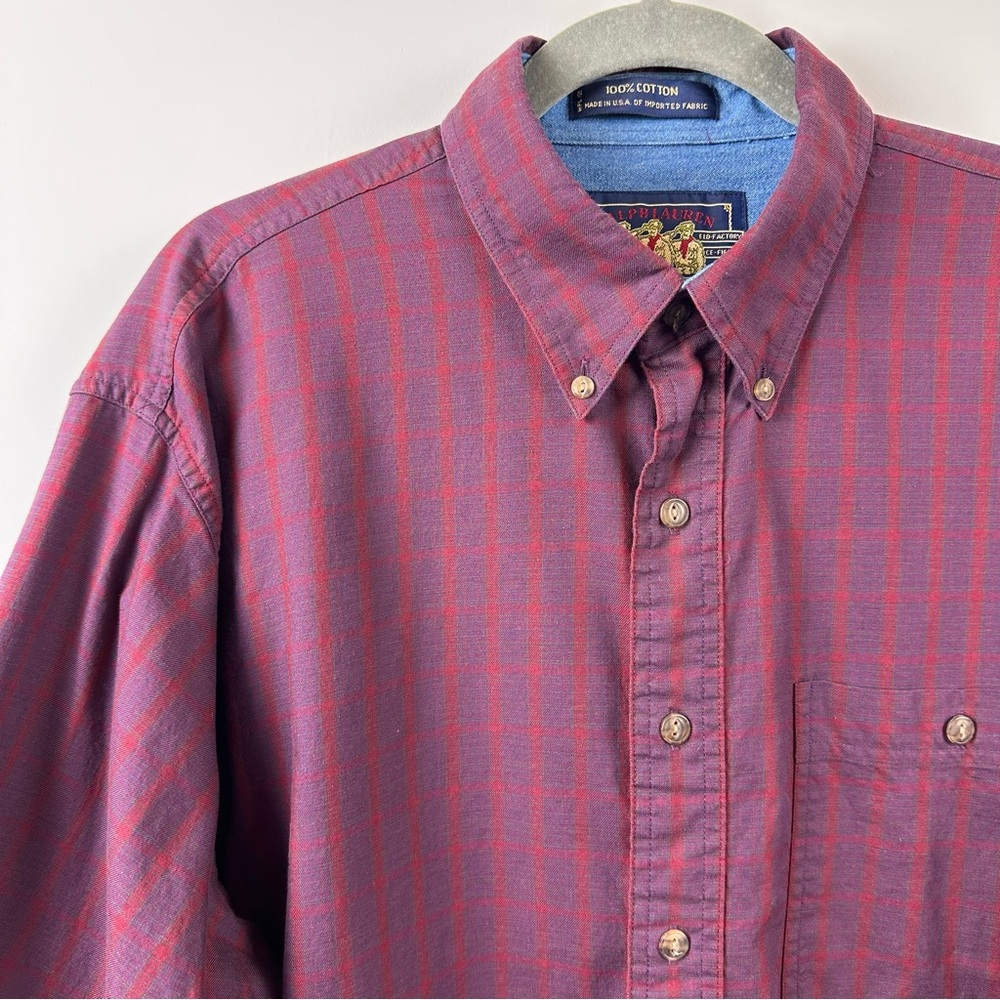 Vintage Chaps Burgundy Plaid Button Down Shirt Size 16.5 34-35 100% Cotton